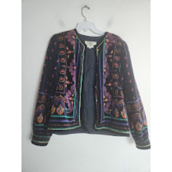 Saxton Hall Women Black w/Multicolor Pattern Gold Button Velvet Jacket size 8 - Picture 3 of 11